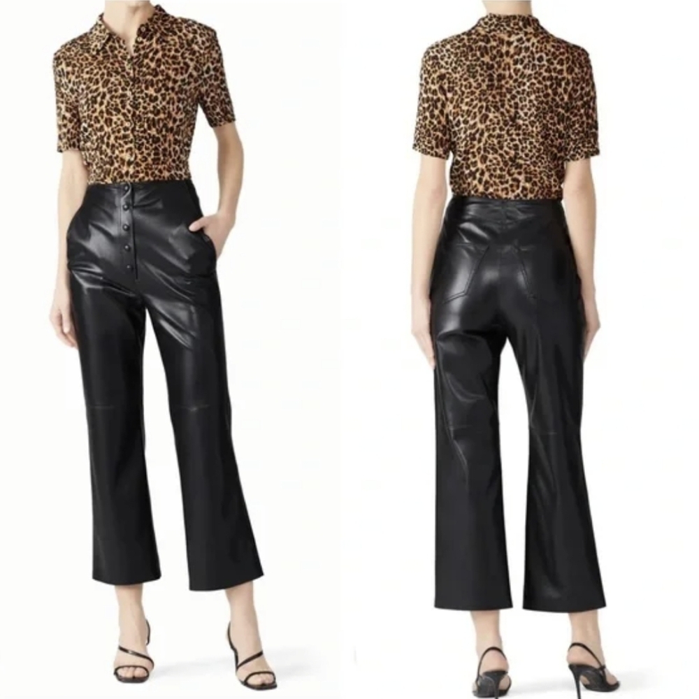 Nanushka Vegan Leather Sora Crop Flare Black Pant Size XL